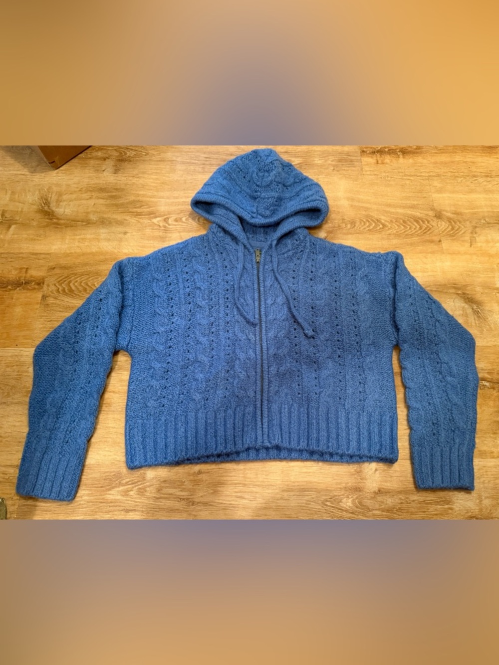 American Eagle Outfitters Chunky Blue Hooded Zip Cable Cardigan